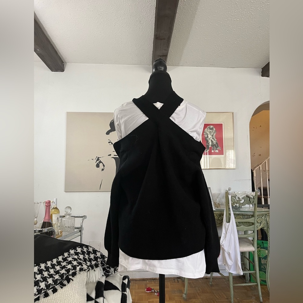 Line & Dot criss cross cold shoulder sweater